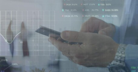 Poster - Animation of financial data processing over caucasian man using smartphone