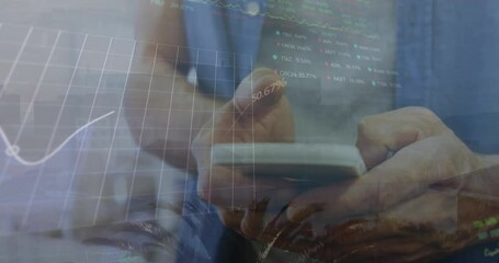 Poster - Animation of financial data processing over caucasian man using smartphone