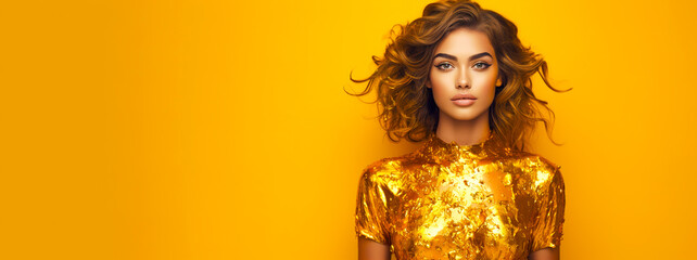 banner beauty model girl on holiday golden background, woman with beautiful make up and curly hair s