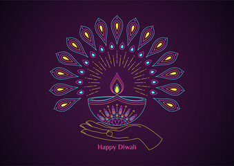 Wall Mural - Colorful outline Diya with flame and light rays, human hand, abstract peacock feathers. Deepavali oil candle, color Diya lamp with lotus flower pattern. Happy Diwali, Festival of the Lights in India.