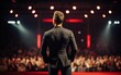 © piai - Back view of a motivational speaker standing on a stage in front of an audience. Generative AI