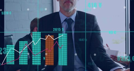 Poster - Animation of financial data processing over diverse business people in office