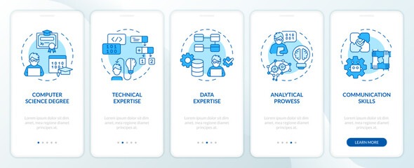 2D blue icons representing AI engineer mobile app screen set. Walkthrough 5 steps graphic instructions with linear icons concept, UI, UX, GUI template.