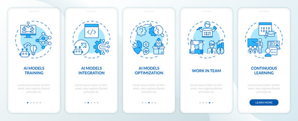 2D icons representing AI engineer mobile app screen set. Walkthrough 5 steps blue graphic instructions with line icons concept, UI, UX, GUI template.