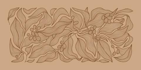 vector coffee pattern background, line wavy illustration with beans. floral, leaves print, package, 