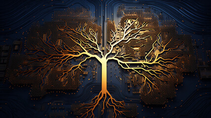 Poster - background concept is artificial intelligence, a symbol of nature and growth, a tree of life and a brain integrated and combined with a computer chip, fictional graphics