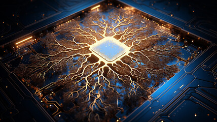 Poster - background concept is artificial intelligence, a symbol of nature and growth, a tree of life and a brain integrated and combined with a computer chip, fictional graphics