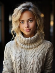 Beautiful girl in a knitted white sweater. Fashion model, winter autumn style, beautiful long blonde hairstyle. Young teenage woman with natural beauty and light makeup