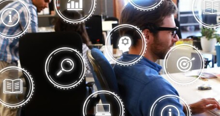 Poster - Animation of digital icons with data processing over caucasian businessman in office