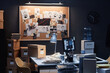 © Seventyfour - Background image of retro detectives office with evidence board lit by ambient lighting, copy space