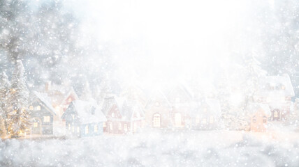 white snowfall design background, illustration christmas background, small abstract houses in heavy snowfall, blurry winter view of snow falling