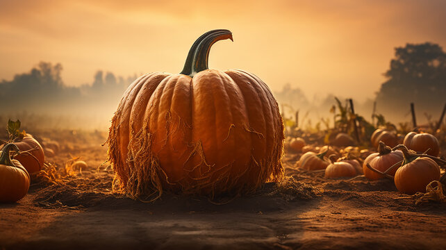 huge ripe orange pumpkin, autumn festive background, halloween calendar, nature harvest, fictional computer graphics