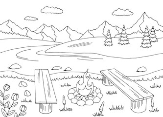 Bonfire by the river graphic black white mountain landscape sketch illustration vector 