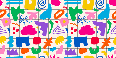 Wall Mural - abstract seamless pattern of colorful hand drawn various shapes, curls, forms and doodle objects. mo