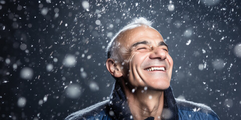 Wall Mural - Happy laughing senior man grandad grandfather grandpa and falling snow flakes on blue background. Modern old guy with smile celebrating Winter Christmas. Generative AI.	