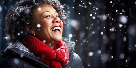 Wall Mural - Happy laughing senior woman grandma grandmother with red scarf and falling snow flakes on blue background. Modern old lady with smile celebrating Winter Christmas. Generative AI.