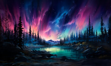 Aurora Boreal - Paisaje Bosque De Noche Con Cielo Estrellado - Azul, Morado, Rosa