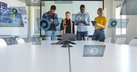 Poster - Animation of data processing over diverse business people in office