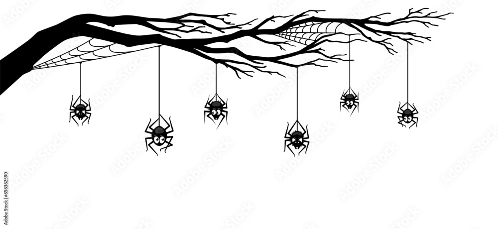 Halloween spider border with tree branch and cobweb. Vector black funny ...