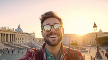 Happy Tourist Young Man Taking Selfie In Front Of Rome, Italy Landmark. Travel And Holidays Concept. Generative Ai