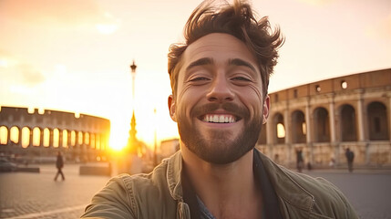 Happy tourist young man taking selfie in front of Rome, Italy landmark. Travel and holidays concept. Generative Ai