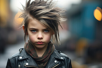 little boy wearing rock music clothes leather jacket and stylish hairstyle