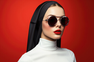 Wall Mural - Modern fashion nun in sunglasses on red background