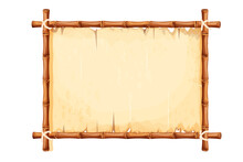 Bamboo Frame With Old Parchment Paper Decorated With Rope In Cartoon Style Isolated On White Background. Game Ui Board, Sign