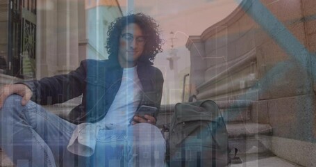 Poster - Animation of data processing over biracial man using smartphone