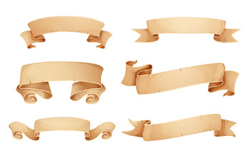 Set Parchment paper scroll ribbon, old vintage banner game ui element in cartoon style isolated on white background.