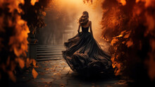 Beautiful Woman In Long Flowing Ball Dress In Autumn Park. Long Banner, Black And Gold Color Palettes. Made With Generative AI