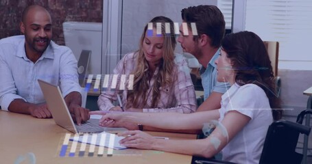 Poster - Animation of financial data processing over diverse people in office
