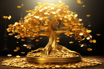 Golden tree, money tree with gold coins in a ray of light