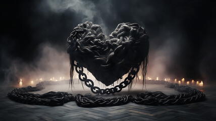 interlacing black heart of a witch in the fog, unusual art halloween valentine