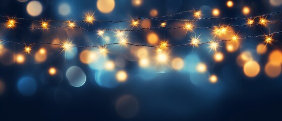 Wall Mural - christmas garland bokeh lights over dark blue background - holiday illumination and decoration conce
