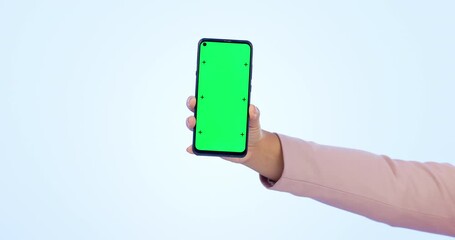Poster - person, hand and phone with green screen in advertising or marketing against a studio background. cl