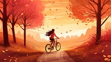 Hello Autumn: Vector Illustration Of A Beautiful Girl Riding A Bicycle With Nature Background