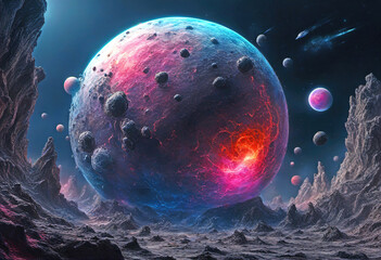 Wall Mural - landscape of an alien planet, view of another planet surface, science fiction background.