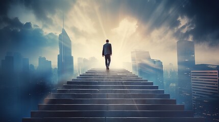 ambitions concept: determined businessman climbing stairs towards success and achievement