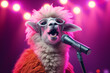Stylish sheep superstar sings into the microphone on stage, neon background.