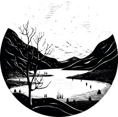 Poster - A picturesque landscape sketched inside a circle showcases the beauty of nature in an artistic manner. Generative AI 
