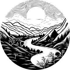 Poster - A captivating circular sketch of a stunning landscape, offering a glimpse into the serene beauty of nature. Generative AI 