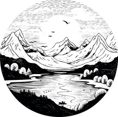 Poster - A mesmerizing circular sketch of a stunning landscape, capturing nature's beauty on a transparent background. Generative AI 