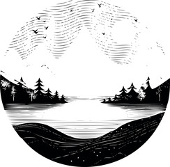 Poster - A captivating, circular sketch of a picturesque landscape, showcasing nature's beauty in its detailed strokes. Generative AI 