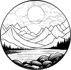 Poster - Beautiful landscape sketch in a circle, revealing nature's artistry. Generative AI 