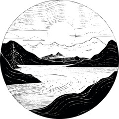 Poster - Circle canvas displays breathtaking landscape sketch. Generative AI 