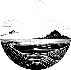 Poster - Sketched nature scene within circular frame, displaying exquisite, serene landscape on transparent backdrop. Generative AI 