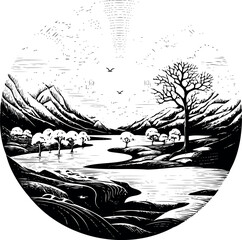 Poster - Sketch of a stunning landscape encircled in transparency. Captivating scenery unfolds within this simple yet elegant frame. Generative AI 