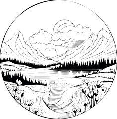 Poster - Circular sketch of a serene, picturesque landscape showcasing a mesmerizing blend of nature's beauty and artistic brilliance. Generative AI 