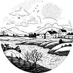 Poster - Circular masterpiece unveiling a stunning, sketched landscape, effortlessly capturing nature's beauty. Generative AI 
